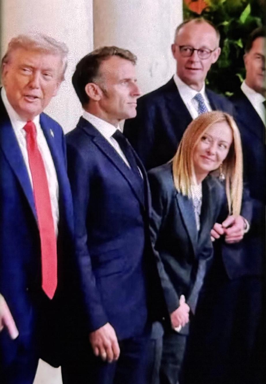 不知这位金发美女是啥喜好？
左边是玉树临风的默茨大叔叔，右边是年轻帅哥马克龙，她