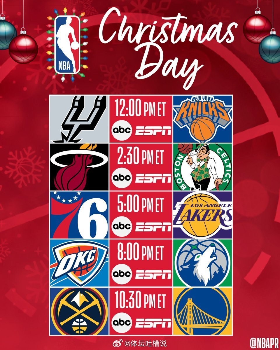 今日NBA官方公布了今年圣诞大战赛程：00:00马刺VS尼克斯02:30 热火V
