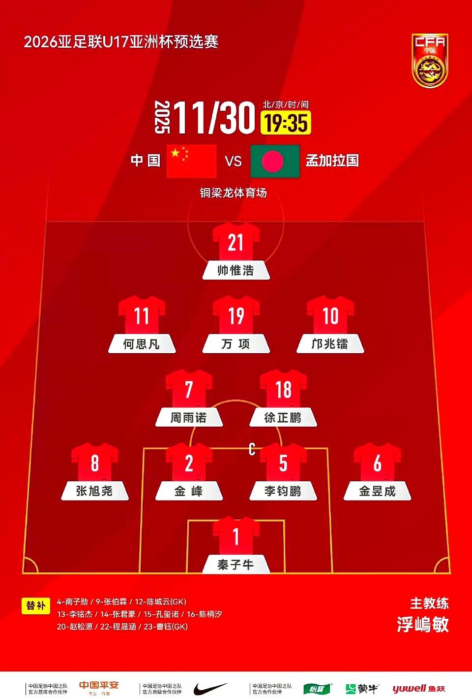 U17国足踢孟加拉，边路快马谢晋再次缺席生死战。
球员遭受流感侵袭。
帅维浩上半