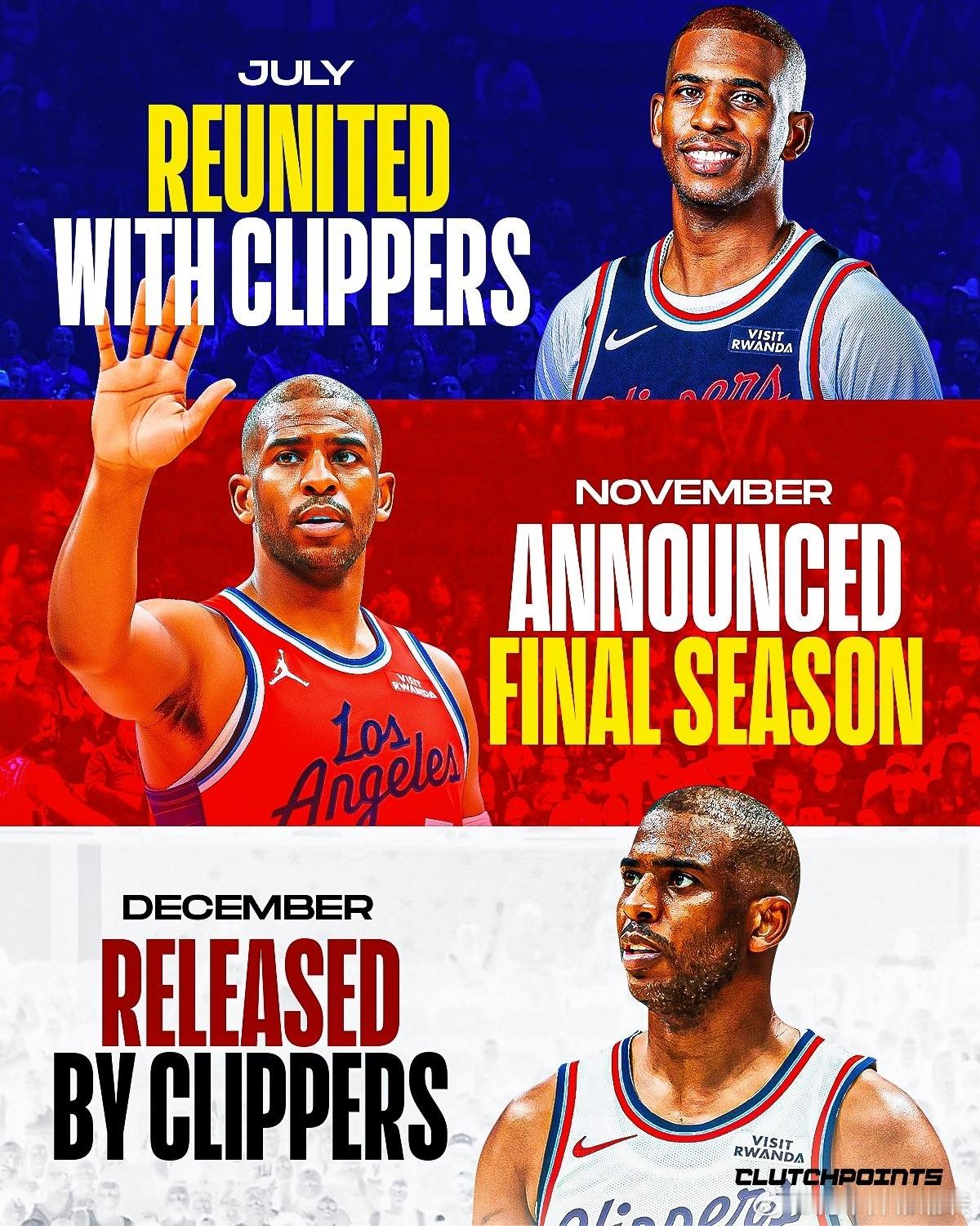 快船队宣布与球队传奇球星、未来名人堂成员克里斯·保罗解约：“我们将与克里斯分道扬