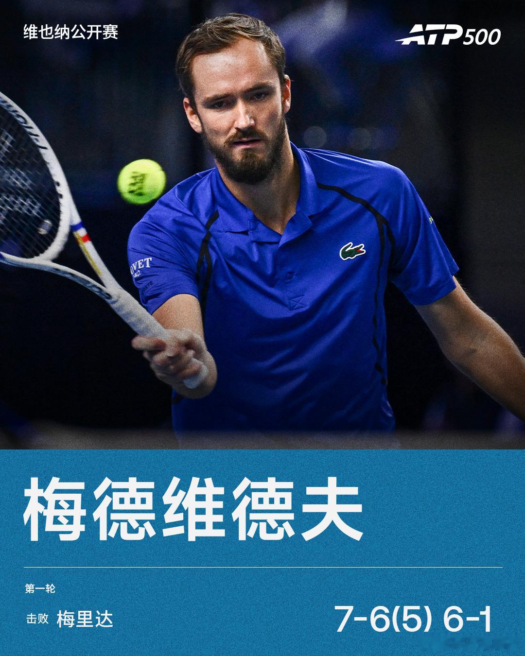 梅德维德夫首战告捷👏ATP500维也纳站首轮，3号种子梅德维德夫7-6(5) 