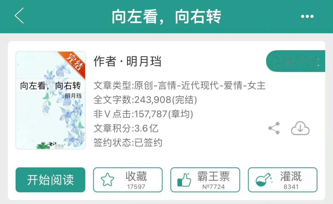 小说推荐：《向左看，向右转》 作者:明月珰简评：作精白富美vs禁欲穷小子，失忆梗