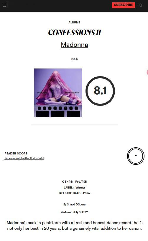 【新专辑乐评】Pitchfork 评Madonna新专辑『CONFESSIONS