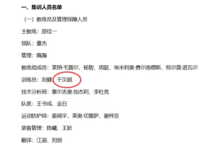 于汉超出任国足训练员邵佳一上任之后国足集训名单公布，刚刚退役的于汉超也在其中，于