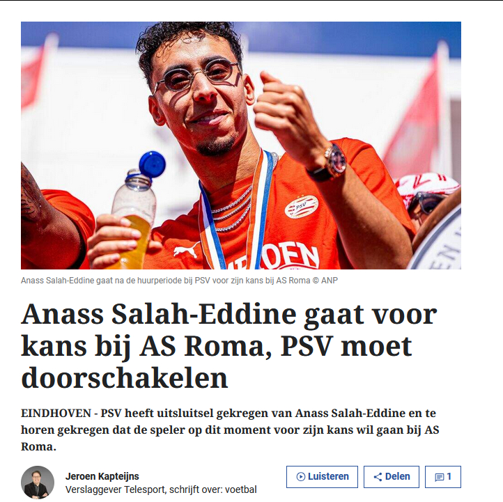 荷兰电讯报记者Jeroen Kapteijns的报道：虽然埃因霍温愿意执行萨拉丁