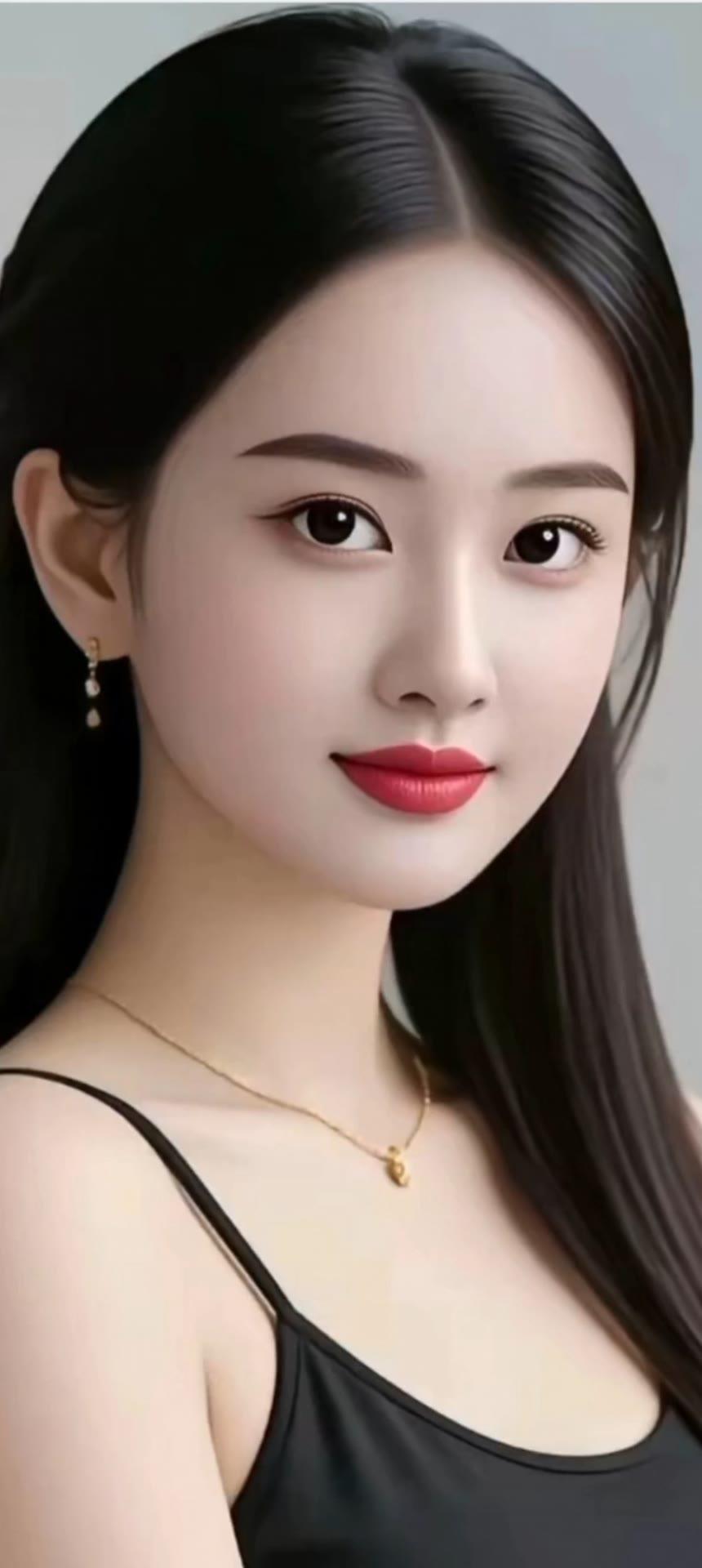 温柔甜美的邻家女孩，黑发红唇，清新自然。