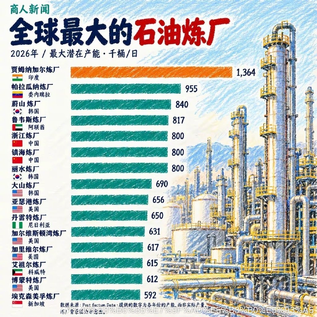 全球单体炼油产能第一名，不是中国！亚洲市场暴涨​在这份全球超级炼油厂产能榜单中，