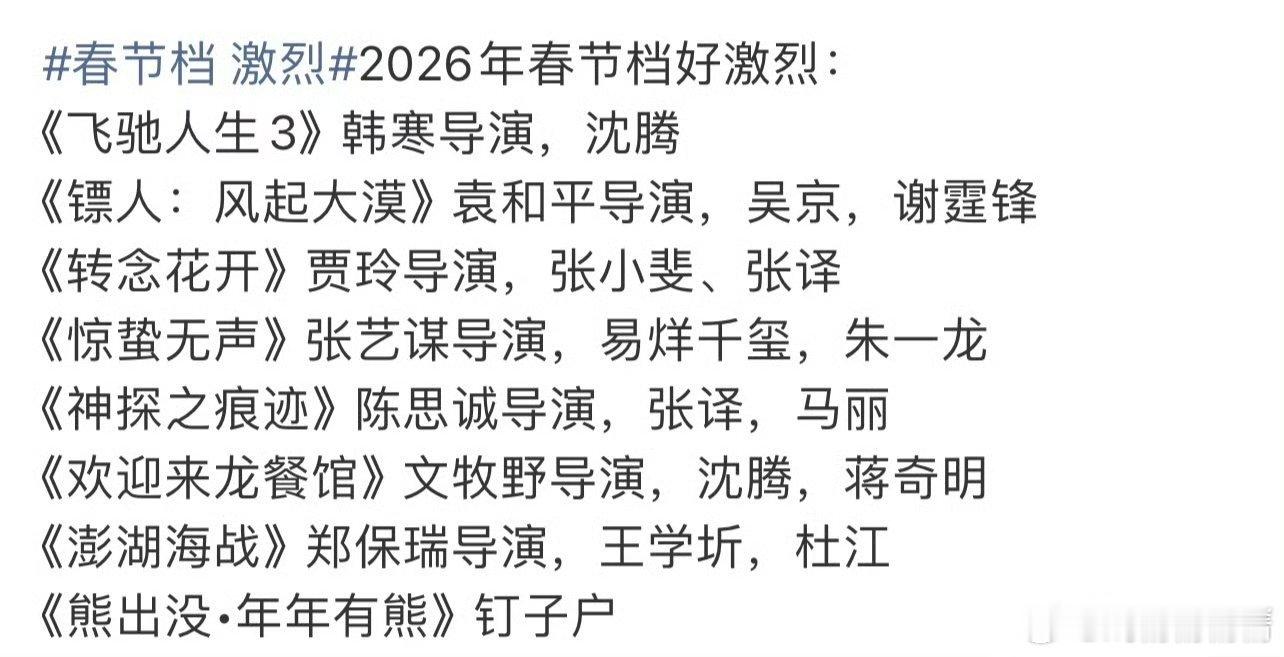 飞驰人生3定档了，2026春节档竞争好激烈，沈腾，吴京，贾玲，易烊千玺，朱一龙，