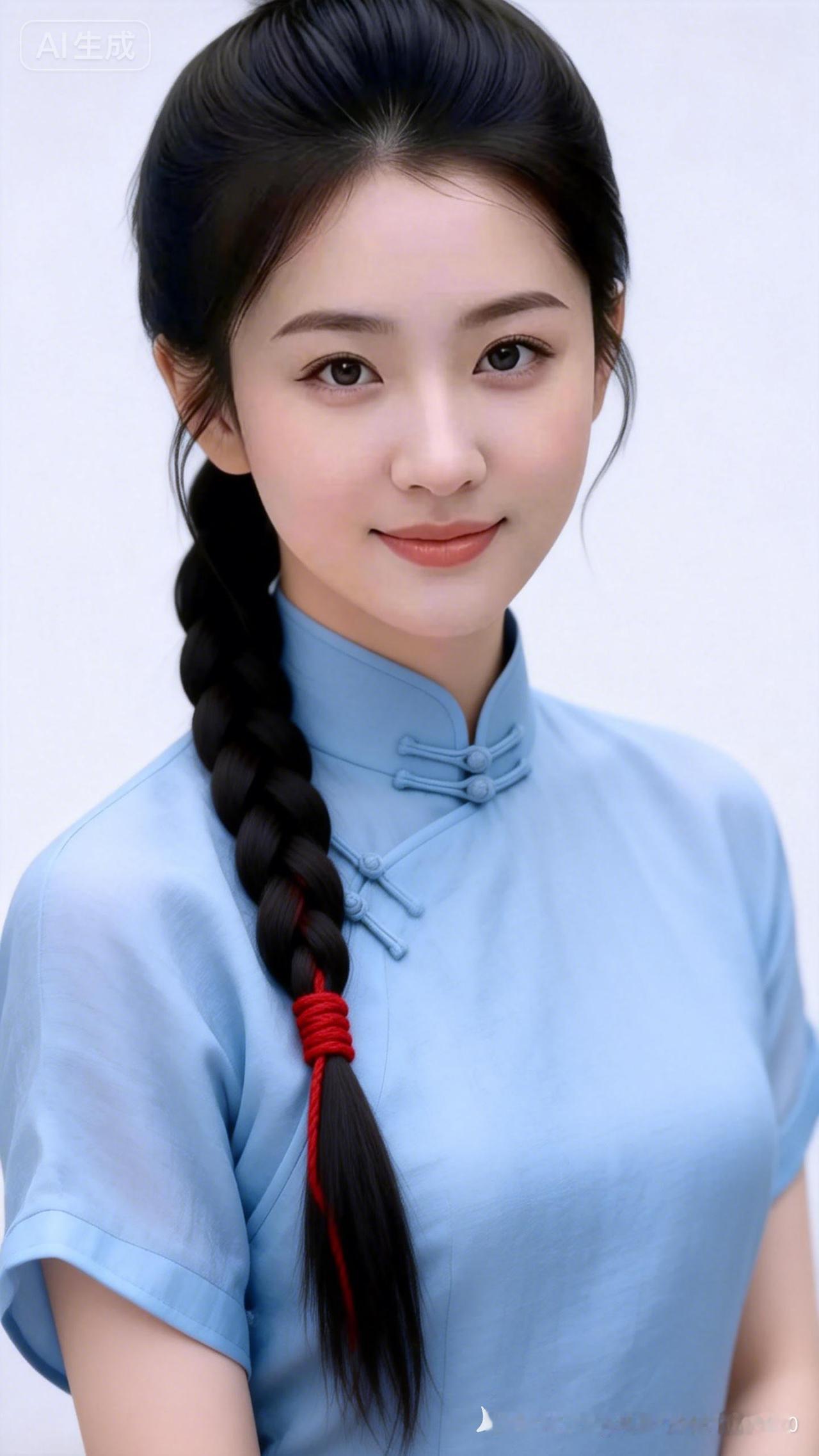 清新古风少女，蓝衣红辫，温婉可人