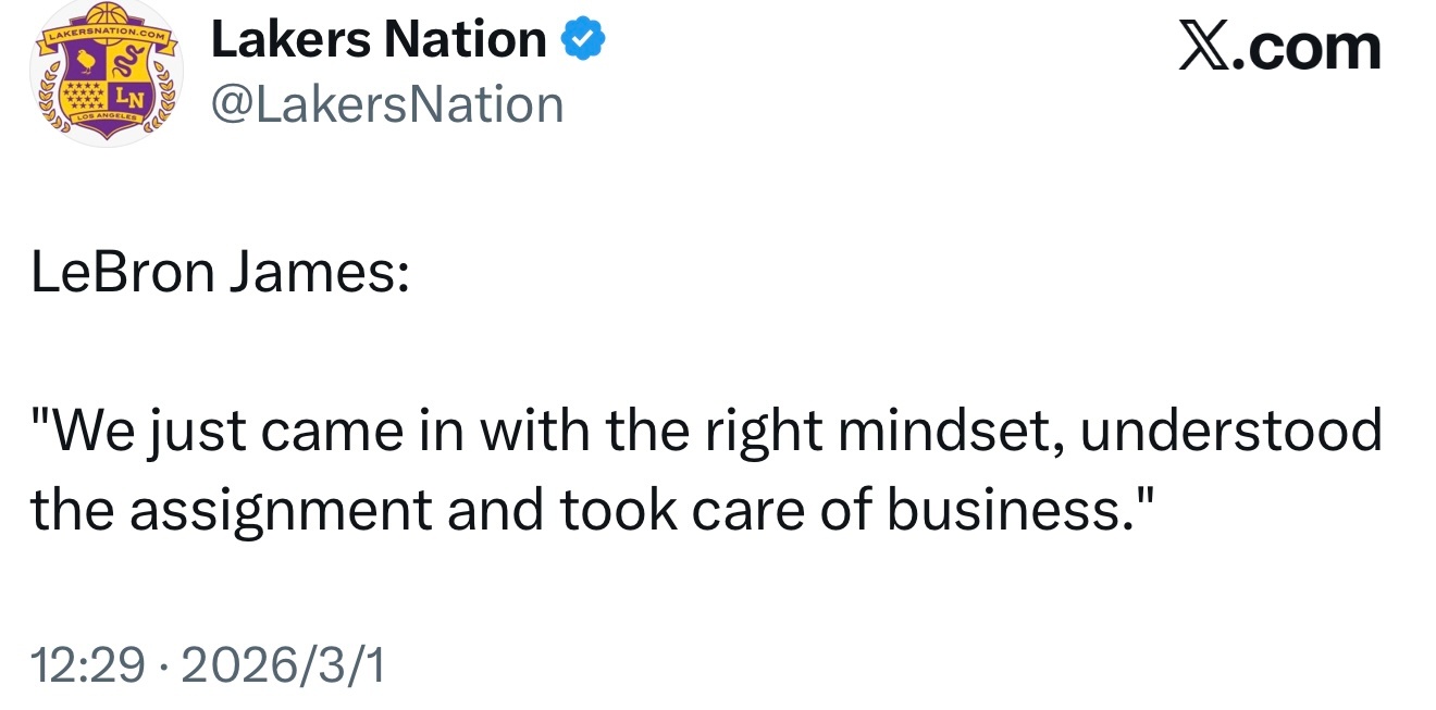 詹姆斯表示：“我们只是带着正确的心态投入比赛，理解战术部署并完成了任务。” 