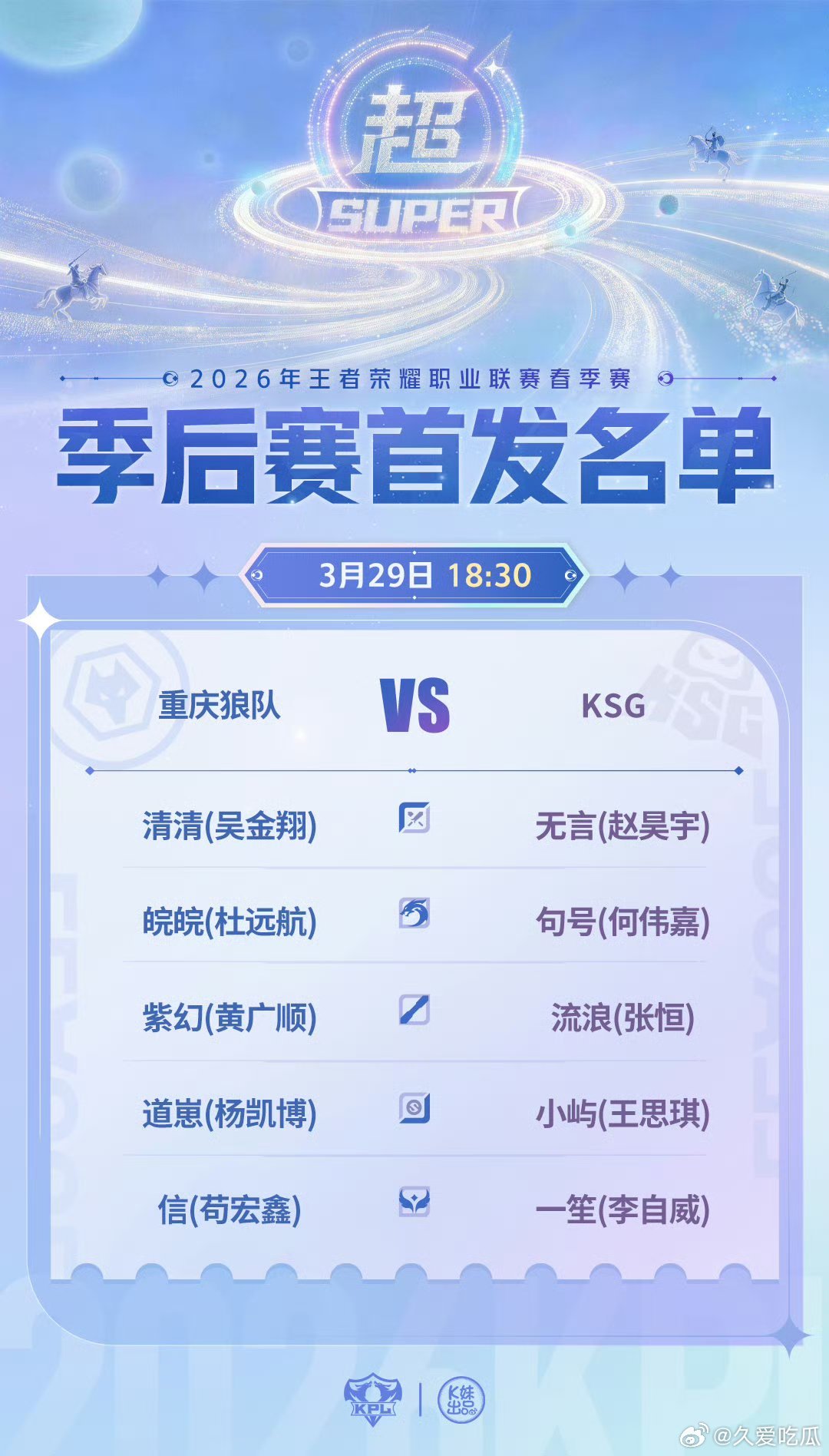 狼队对战KSG｜首发名单解说席：一雪 黄超 柚子评论席：英凯 老王 妖刀主持：天