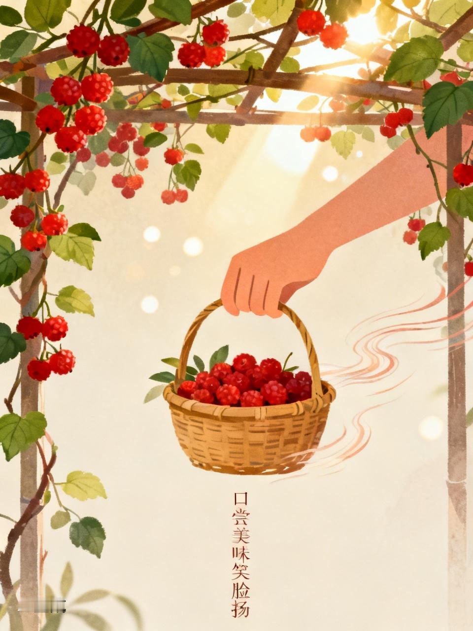 七绝:《采莓》
红莓满架映晴光，
素手轻提竹篓香。
笑摘春风一篮暖，
口尝美味笑