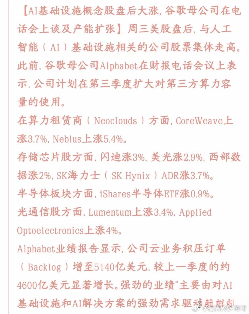 今天人工智能放出关键利好，盘后AI产业链全线大涨谷歌刚发完财报、开完沟通会，放出