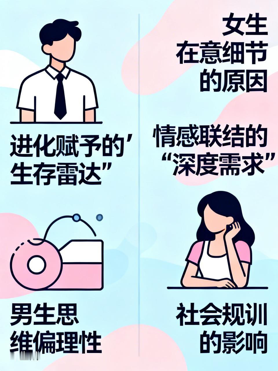 很多人在乎小细节，男女在乎的原因不太一样。女生容易在意细节，一方面是进化赋予的“