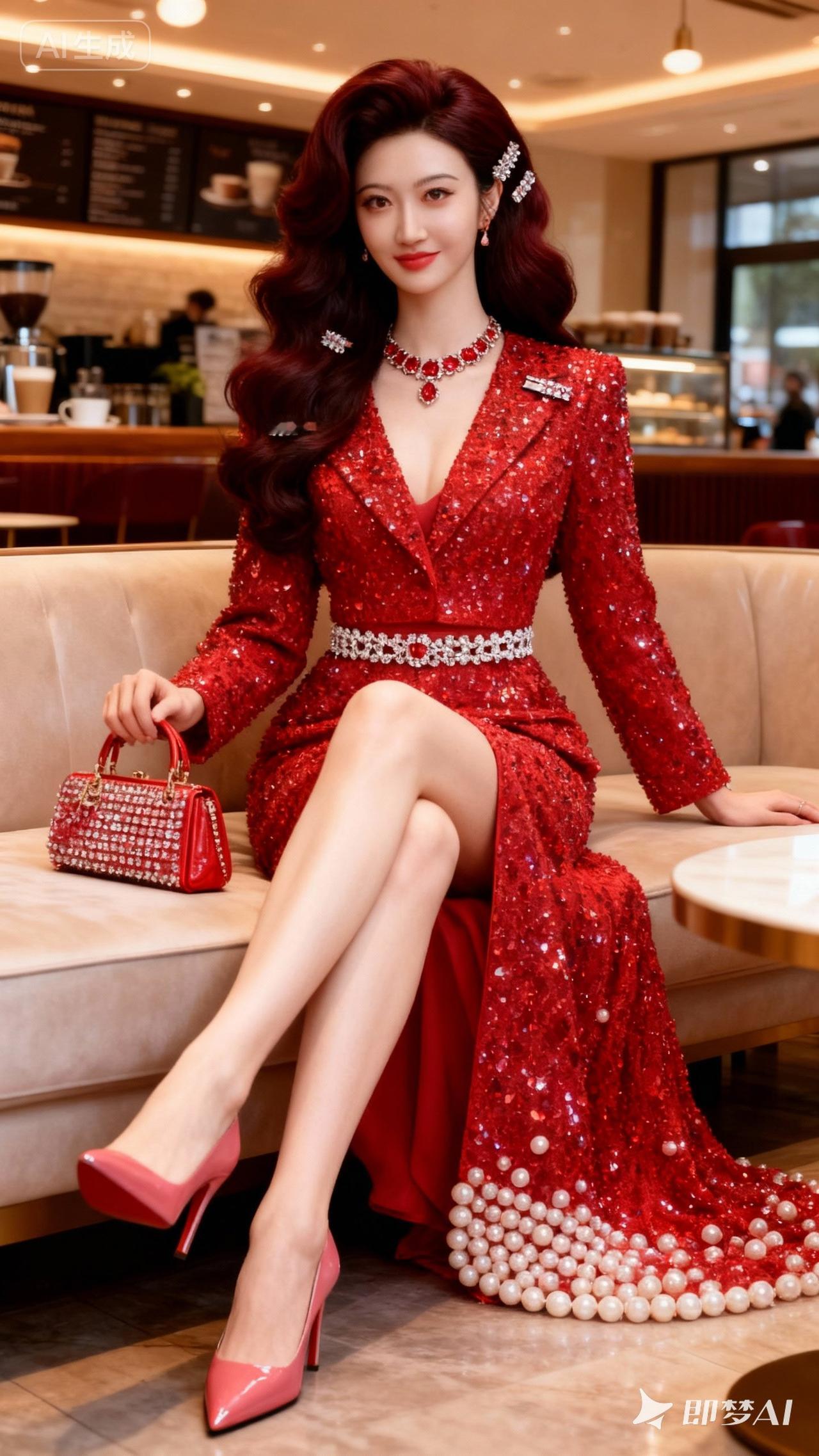 红衣美人坐，珠光玉露间。