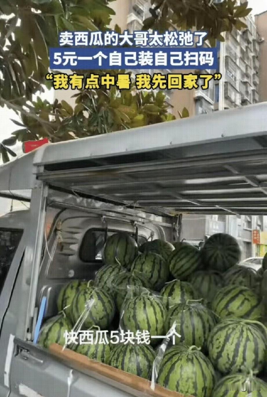 四川卖瓜大哥中暑，直接把摊子交给路人，四川35℃的大太阳天，卖西瓜的大哥守摊几小