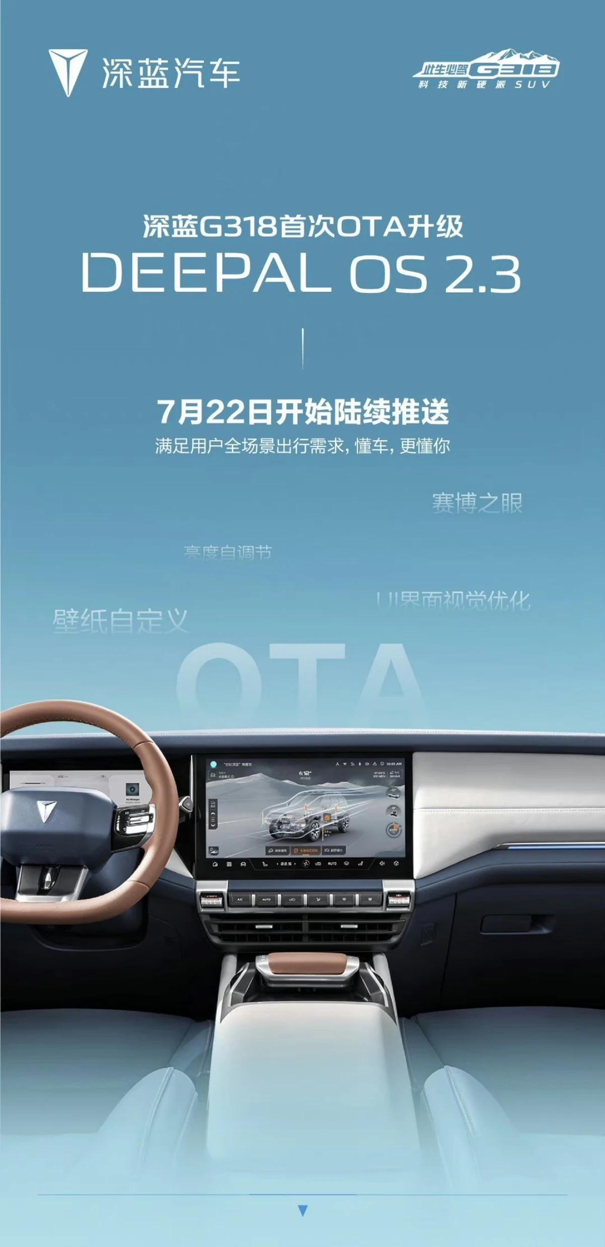 深蓝G318首次OTA（DEEPAL OS 2.3）开始分批推送啦，涵盖智能座舱
