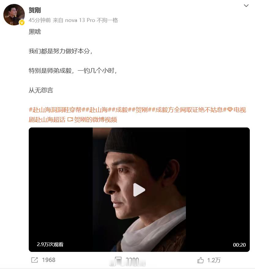 贺刚为成毅发声.贺刚为成毅赴山海发声贺刚发文称“黑啥，我们都是努力做好本分，特别