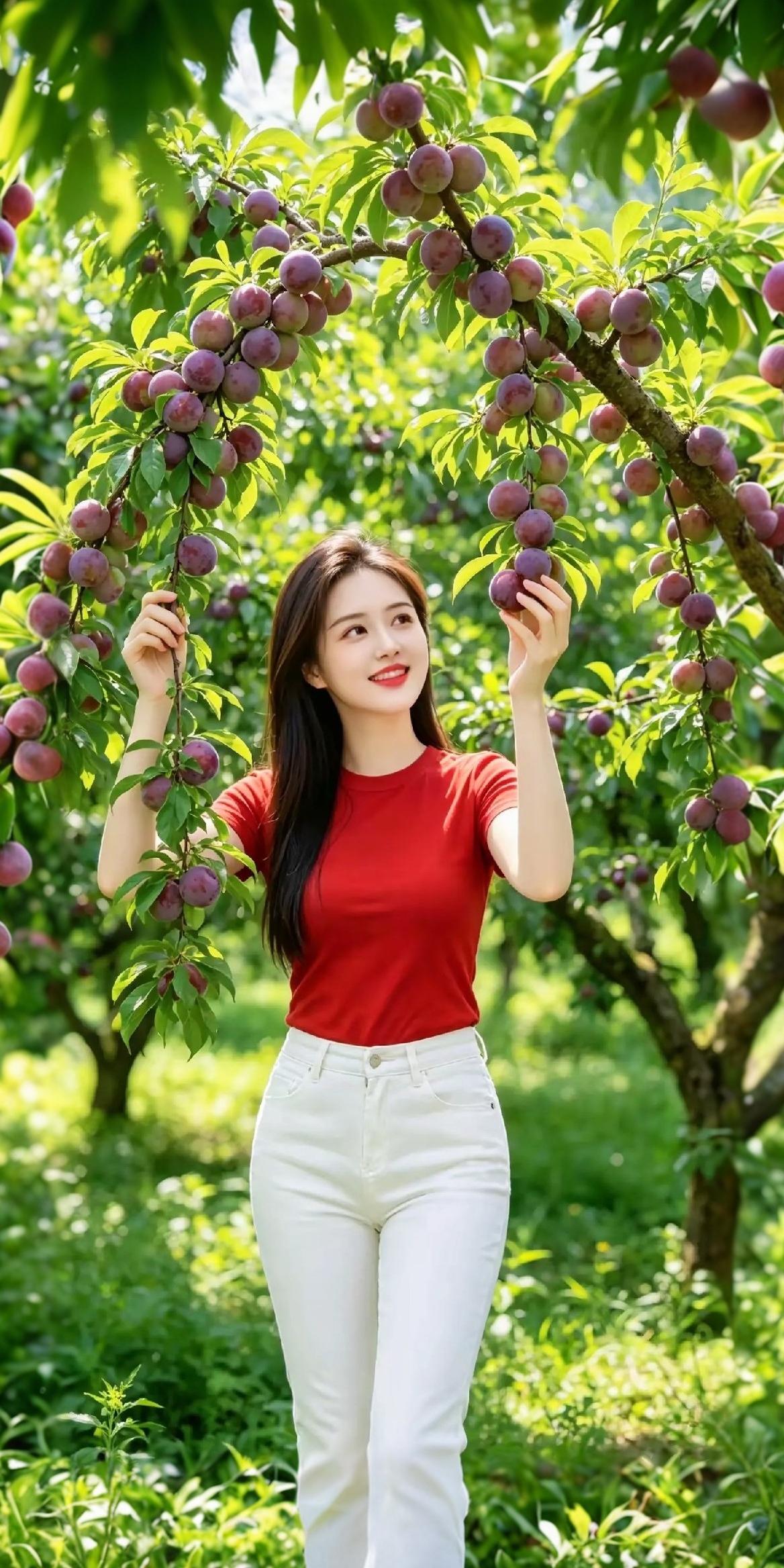 红衣美人摘紫桃，绿意盎然笑语娇。