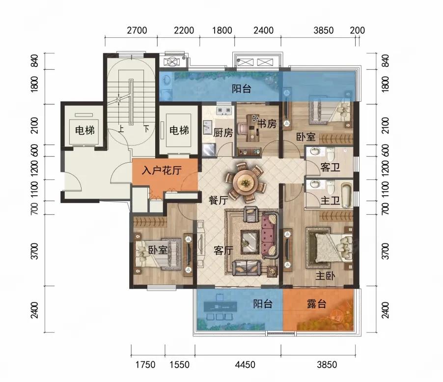 优秀的169平米的华丽户型，北侧配置了次卧室和书房，整个房子南北侧的阳台和露台绝