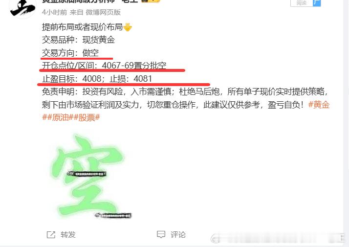 提前布局黄金4069位置空，现报4048位置已有210个点，稳出，减持！多次给到