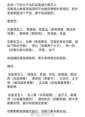 盘点四大平台买股和力捧艺人，其中就杨超越，任敏目前算被退股了 