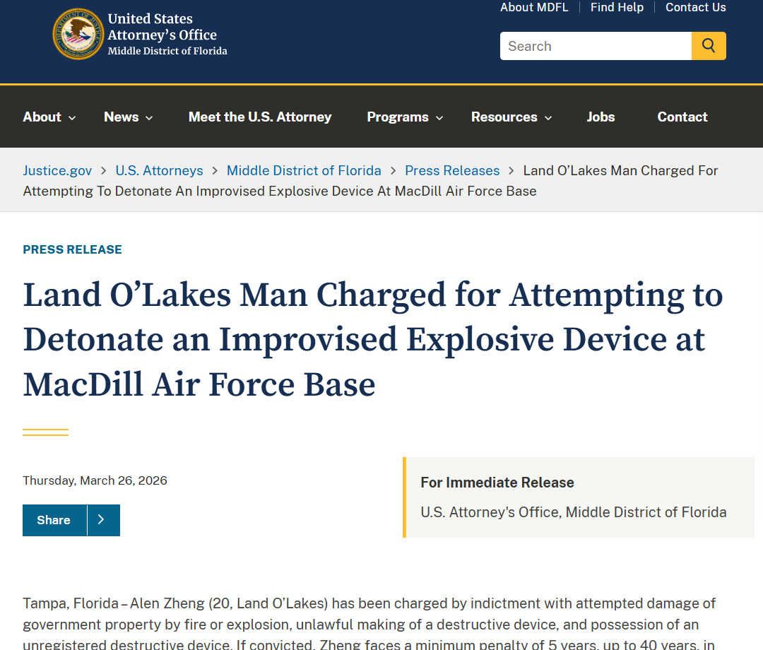 美国司法部佛罗里达州中区联邦检察官办公室通报，佛州 Land O’Lakes 的