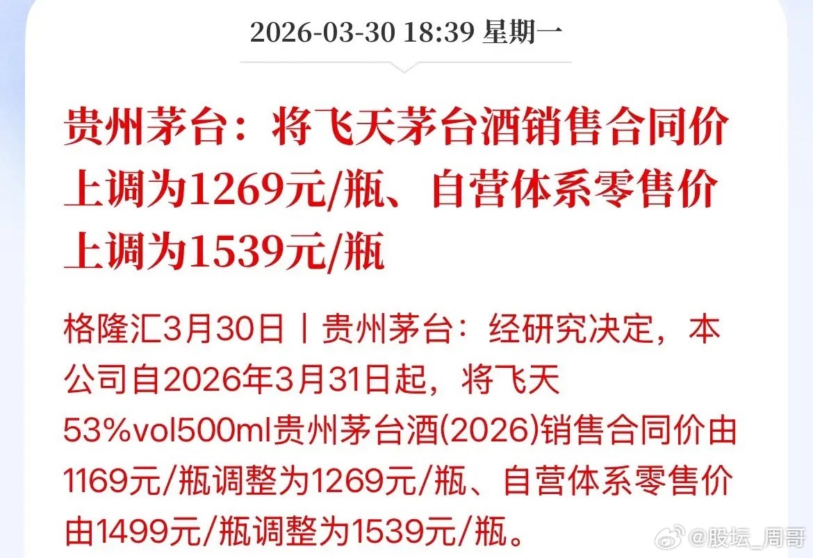 茅台时隔八年在启双涨！自2026年3月31日起，飞天茅台53%vol 500ml