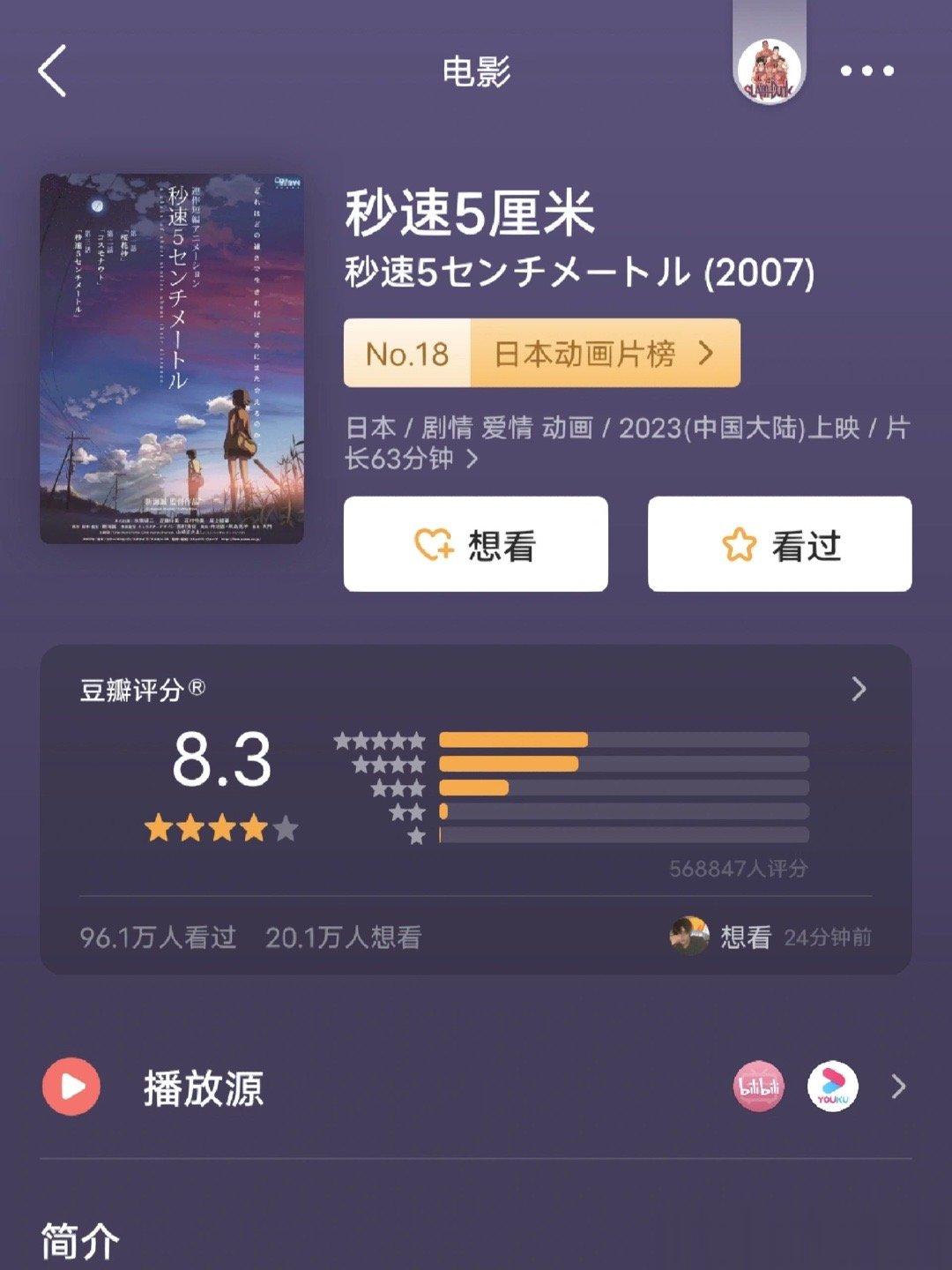 就像之前的铃芽之旅一样，秒速五厘米也显示2023国内上映诶！虽然在微博前段时间确