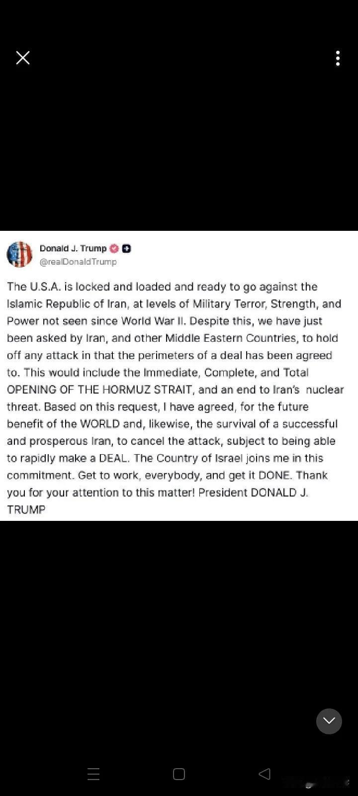 特朗普：

美国已做好充分准备，随时可以对伊朗伊斯兰共和国采取行动，其军事实力、