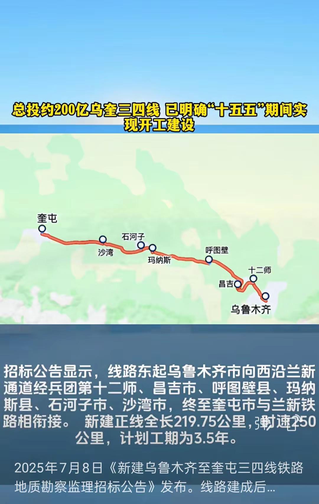 2025年7月8日《新建乌鲁木齐至奎屯三四线铁路地质勘察监理招标公告》发布。线路