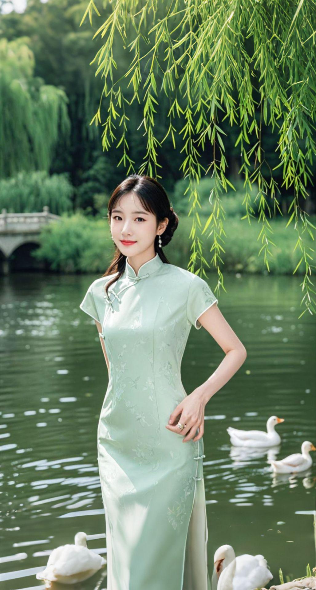 AI扩图 AI绿袍佳人赏景