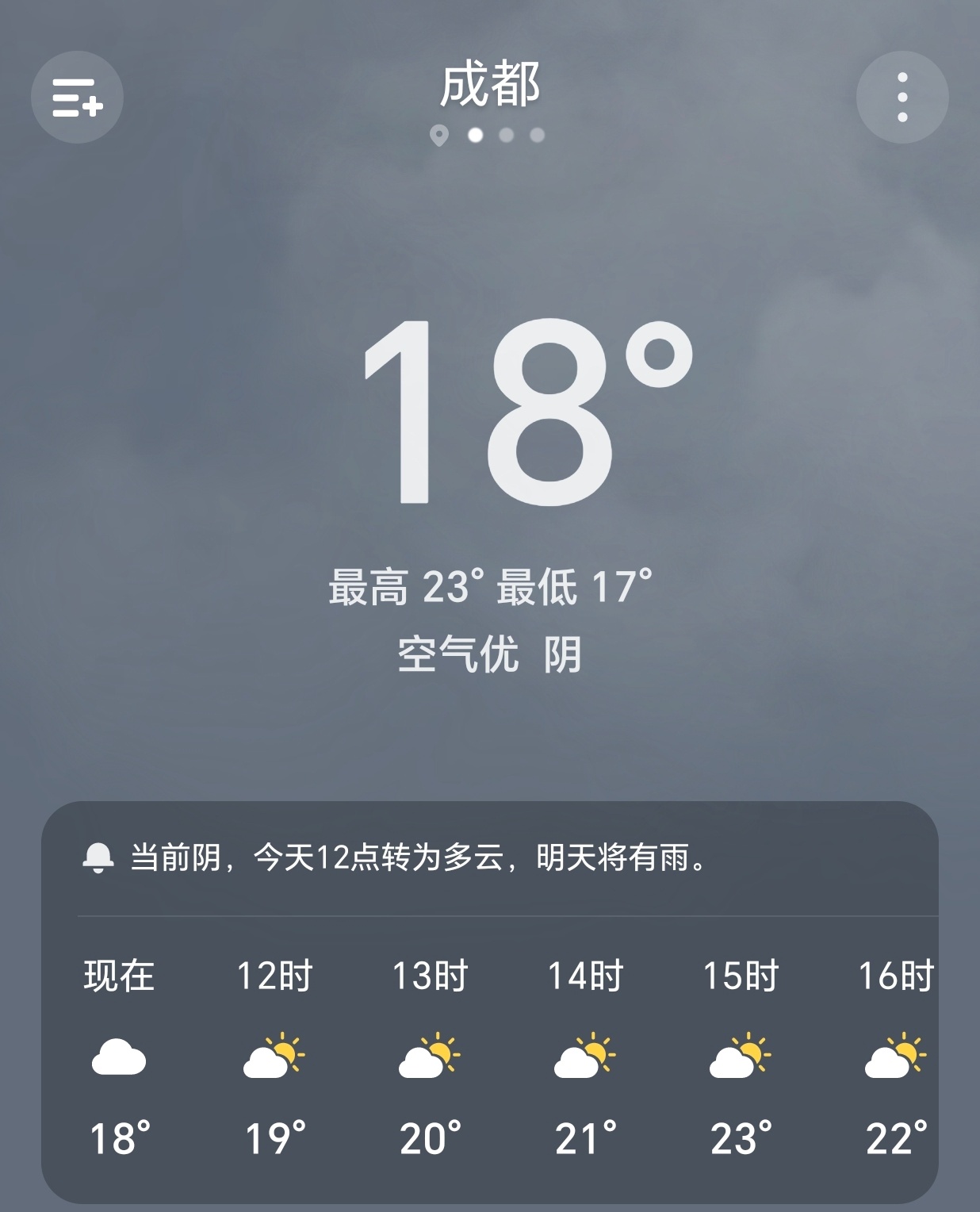 【早安成都】今天是4月12日，星期日，农历二月廿五，成都多云，17-23°C。不