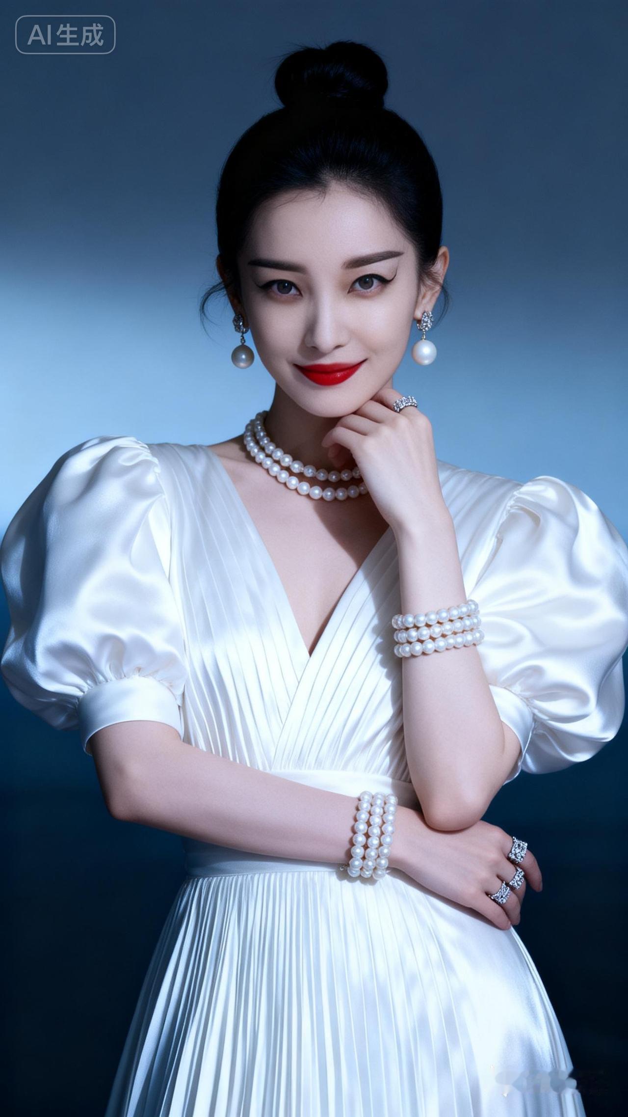 珠光宝气映红妆，玉手轻抚锦衣裳。