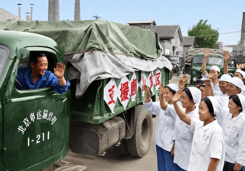 1976年8月1日，北京市运输公司的卡车车头旁，司机探出身笑着挥手，车厢篷布上“