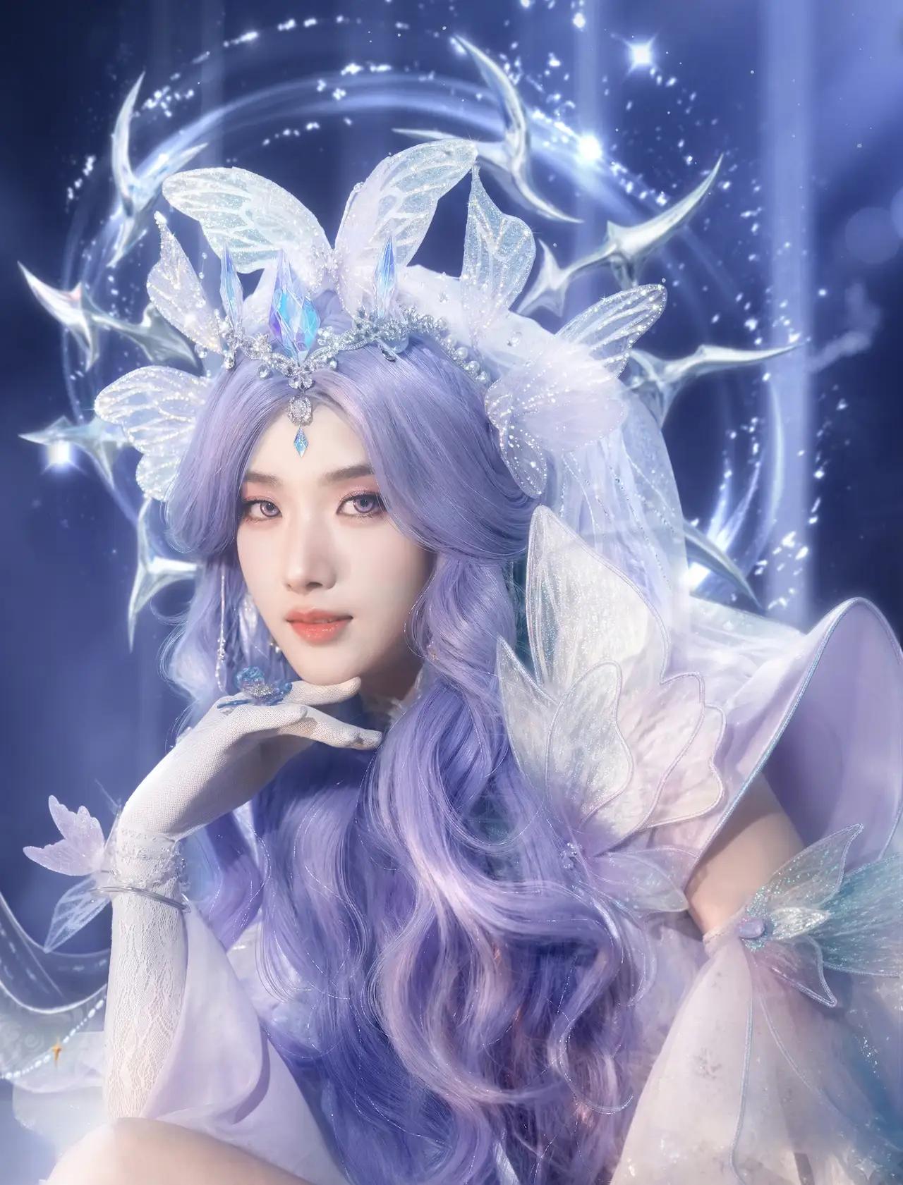 美女壁纸～卢昱晓，当紫雾漫过星夜，蝶翼载着碎光落于发间，是从幻梦里走出的精灵公主