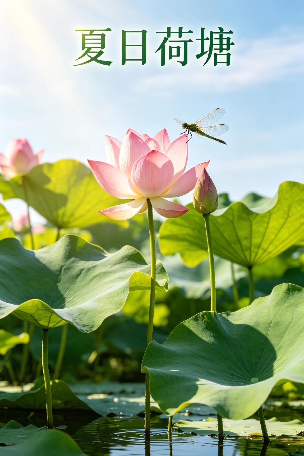 《 夏 日 荷 塘 》

 
翠盖连天映浅塘，轻风拂水送清香。

红蕖次第舒霞色