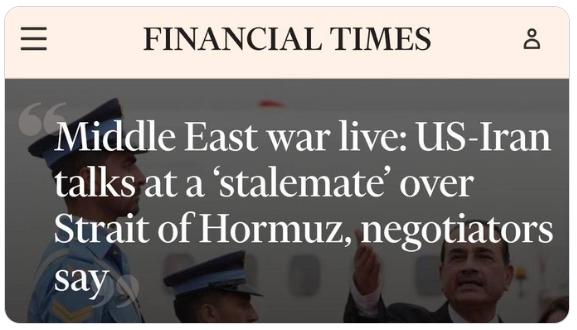 【据《金融时报》援引消息人士报道，美国与伊朗就霍尔木兹海峡问题进行的会谈已陷入僵