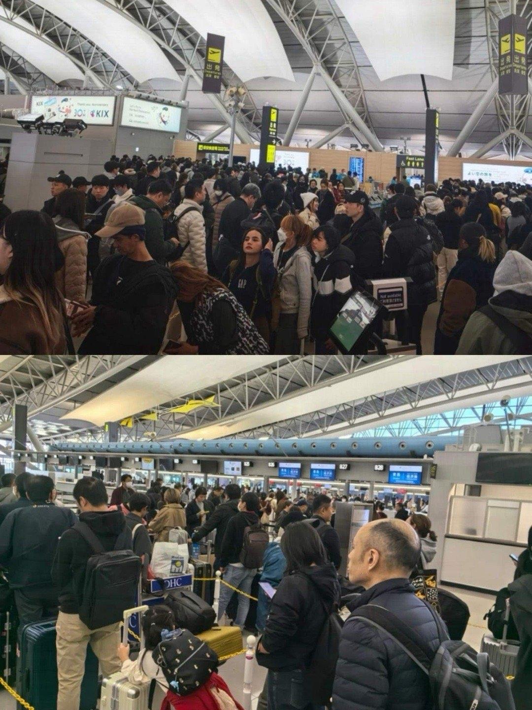这下好了，
之前非要去日本的那批人，
现在想回来就难上加难了，日本关西机场人山人