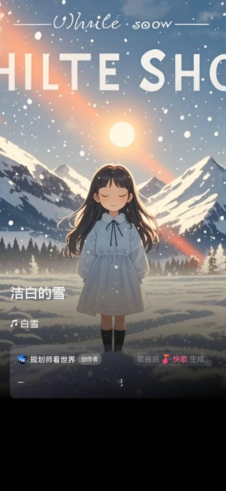 洁白的雪。
规划师看世界创作者。
歌曲由快歌生成，一起来听听我创作的歌曲。
缤纷