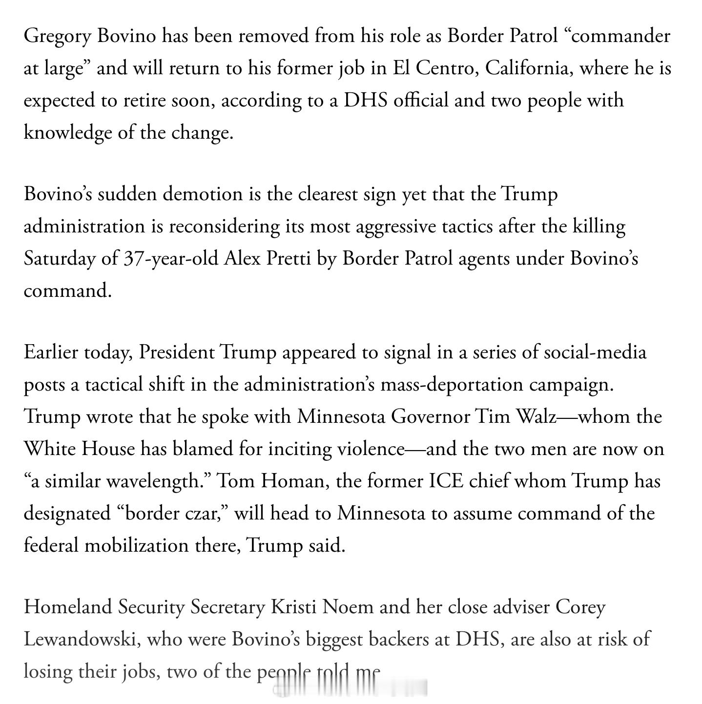 <大西洋>杂志：据国土安全部官员及两位知情人士透露，Gregory Bovino