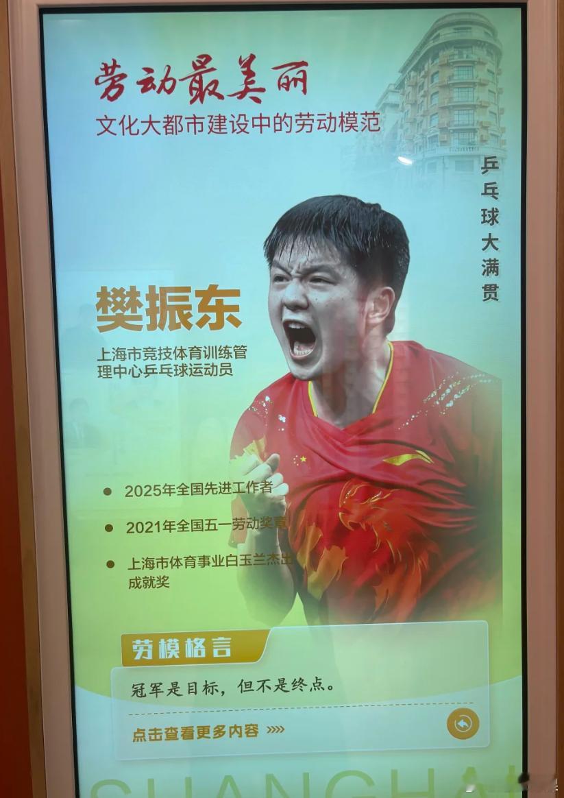 樊振东获上海市体育事业重大贡献奖 上海劳动模范风采馆宣传已上新上海市人力资源社会