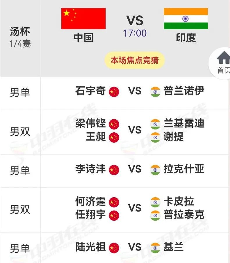  汤姆斯杯1/4决赛，对决卫冕冠军，国羽“小手枪”出战，力争四强
今天17时，汤