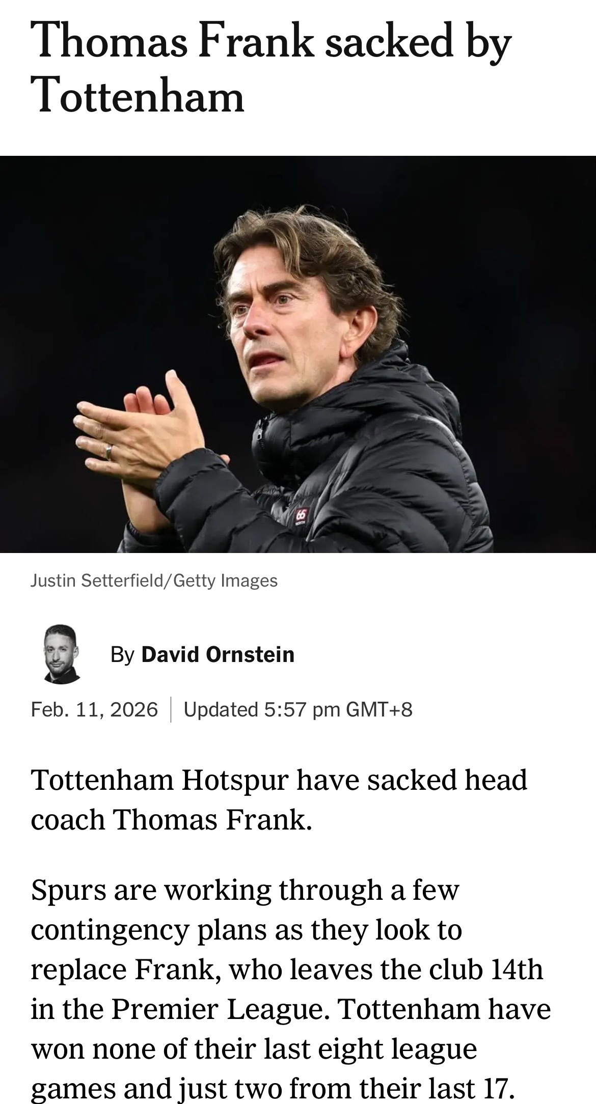 Breaking News！热刺主帅弗兰克被解雇，高层在考虑各类应急预案。 