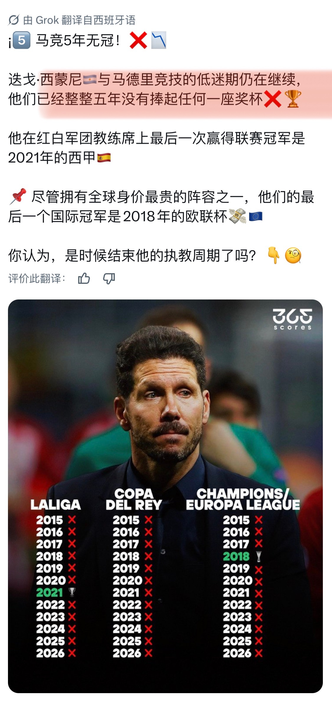 阿森纳1比0马竞西蒙尼这带队战绩马竞主帅回应无缘欧冠决赛