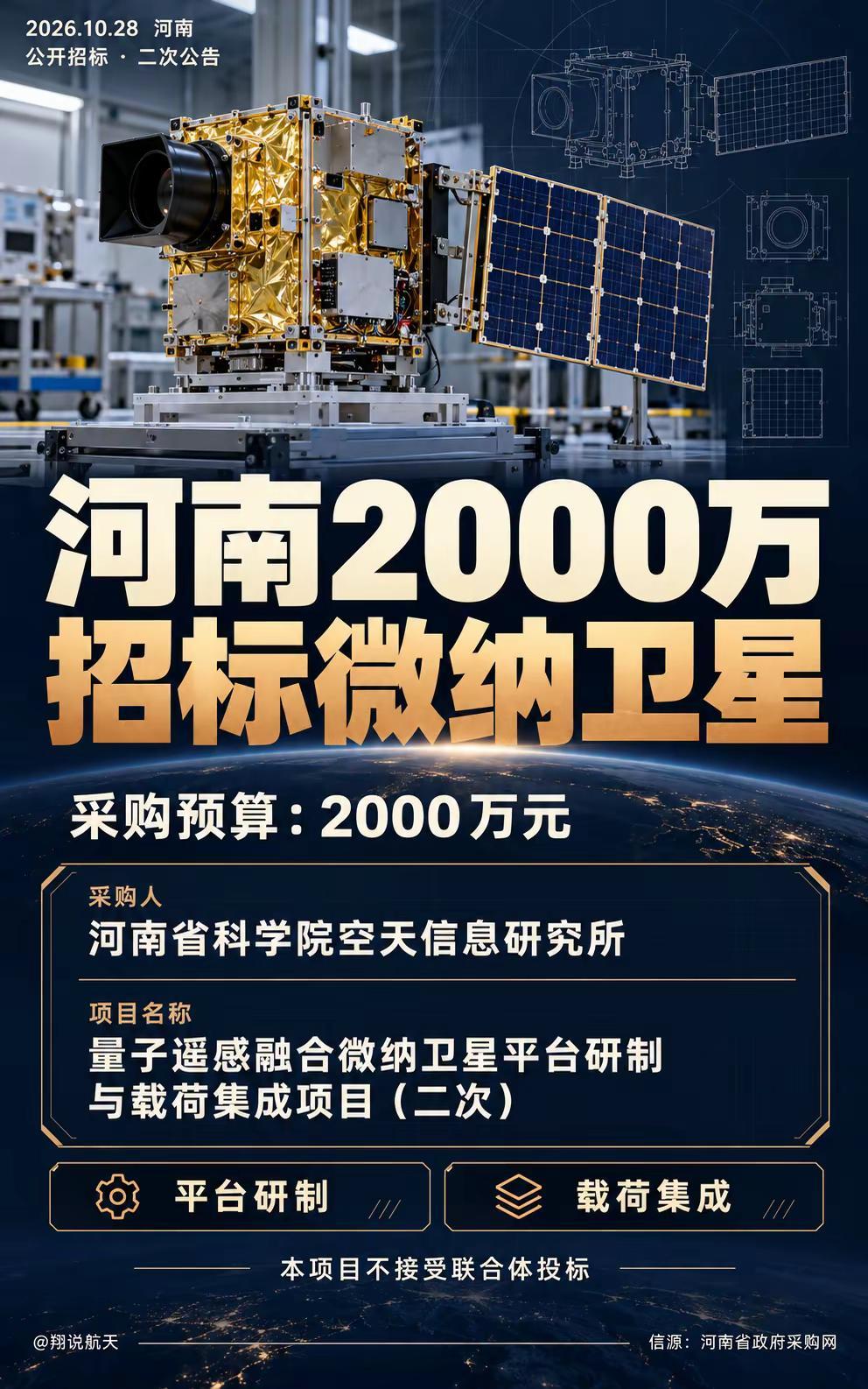 河南2000万元招标微纳卫星项目。10月28日，河南省科学院空天信息研究所发布二