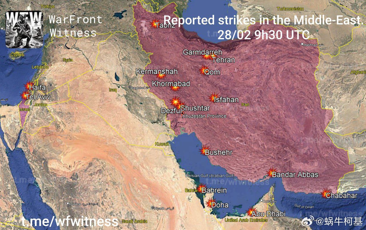 美国在中东的海外基地、以色列和伊朗遭到打击的信息图来源：warfrontwitn