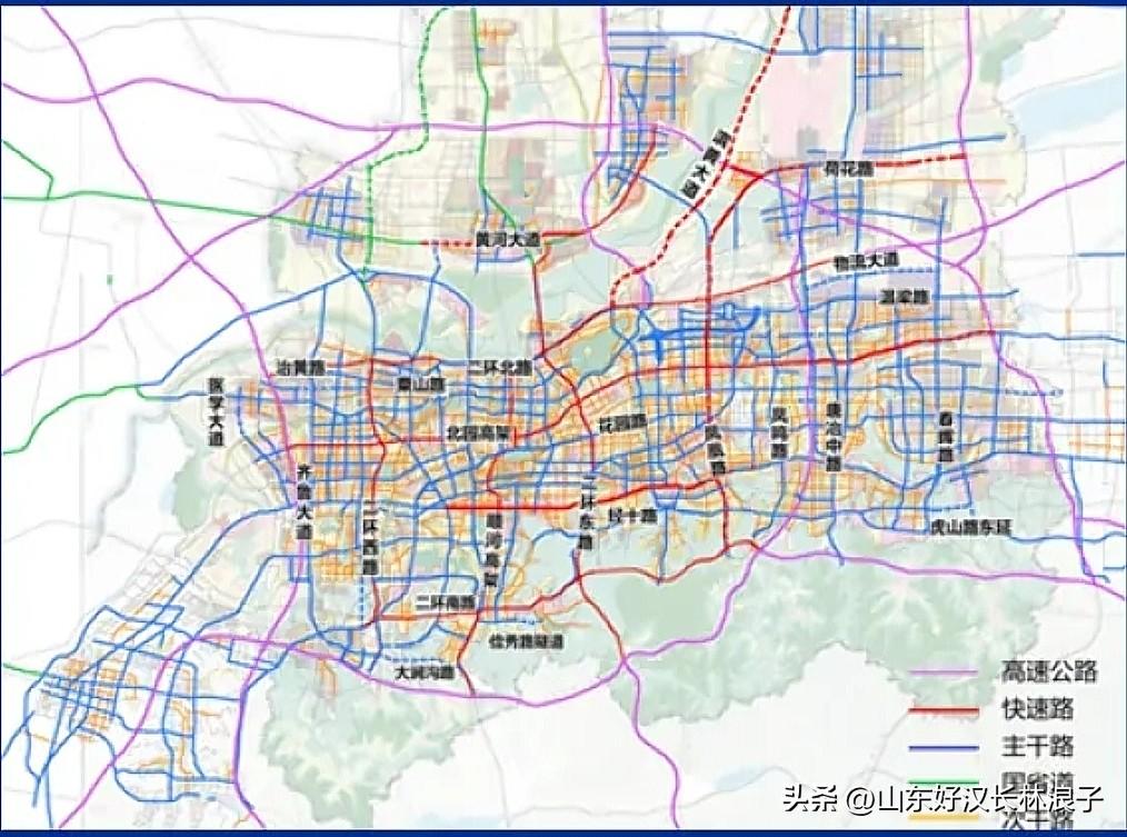 至2028年济南某交通规划综治图显示：
青岛路西头是主干路而不是快速路、

经十