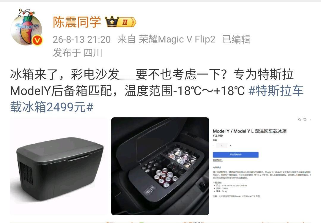 陈震：冰箱来了，彩电沙发……要不也考虑一下？专为特斯拉ModelY后备箱匹配，温