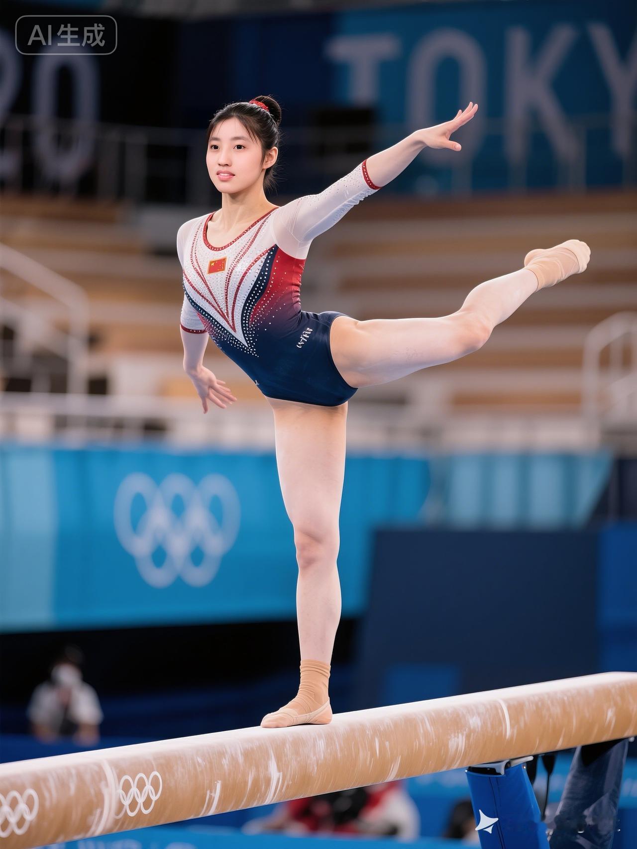 这位运动员正在平衡木上优雅地表演。